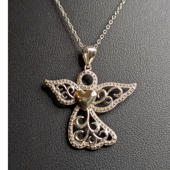 925 Sterling Silver Filigree Angel W/ 10K Yellow Gold Heart Pendant 18" Necklace - Picture 2 of 8